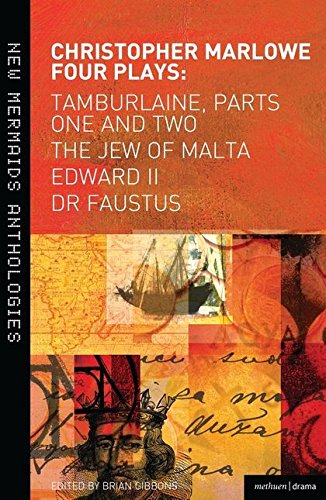 Book cover: "Christopher Marlowe: Four Plays" with abstract, textured imagery.