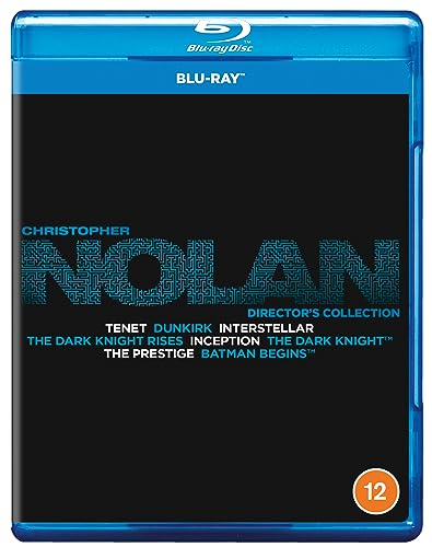 Blu-ray case for Christopher Nolan 8-film collection, dark background, text details.