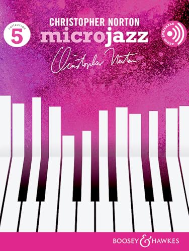 “Microjazz: Collection 5” book cover with piano keys and pink watercolor background.