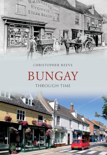 Historic Bungay street scene with bakery, horse-drawn carriage, and modern view.