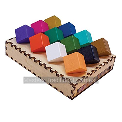 Colorful wooden cubes arranged on a wooden game board with pegs.