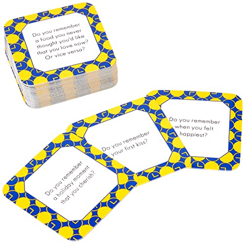 Stack of yellow and blue card game with conversational questions.