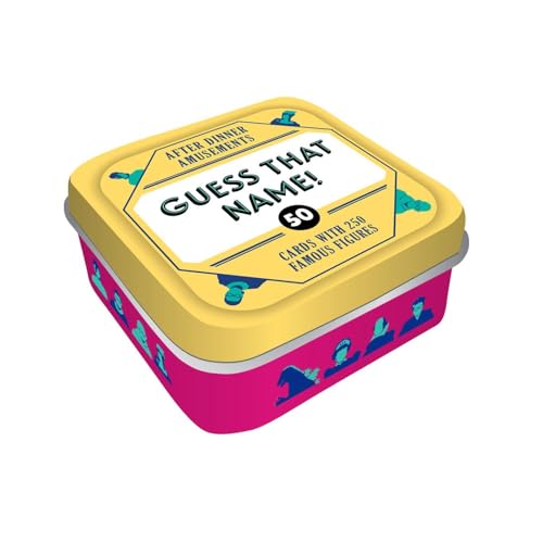 Yellow and pink tin containing “Guess That Name!” card game.