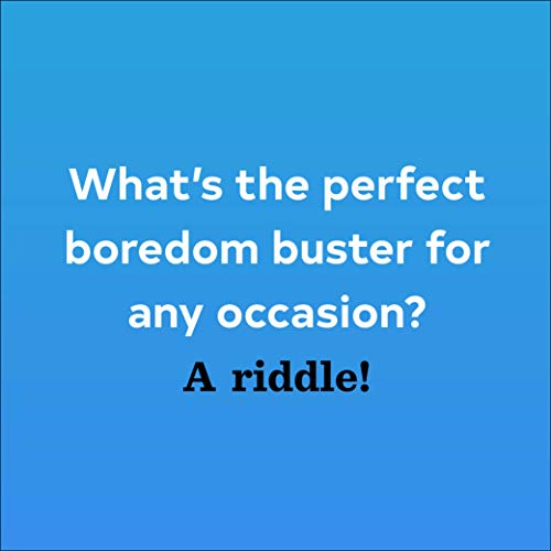 Blue square with white text asking about a boredom buster, ending with A riddle.