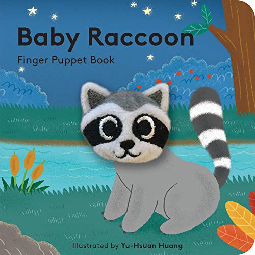 Cover of “Baby Raccoon” finger puppet book featuring a raccoon illustration.