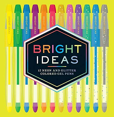 Twelve colorful gel pens arranged on a bright yellow background.