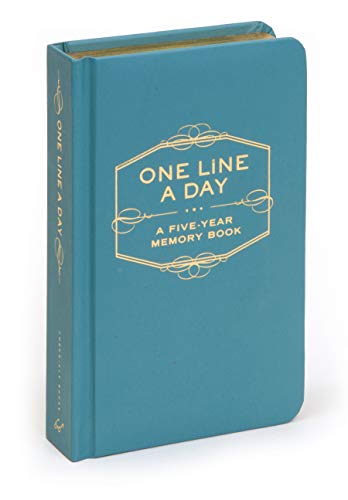 Teal hardcover memory book with gold lettering, titled “One Line A Day.”