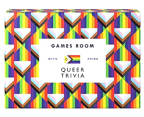 Rectangular "Queer Trivia" game box with a colorful, geometric pattern.