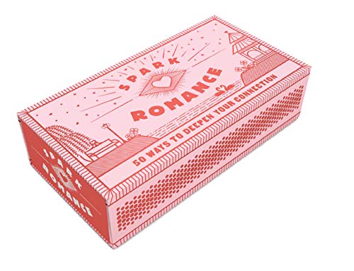Pink matchbox-style card deck titled "Spark Romance" with illustrated details.