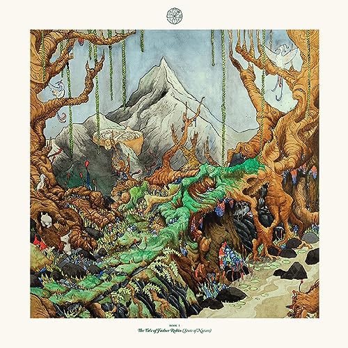 Painted fantasy landscape with mountains, trees, and small figures.