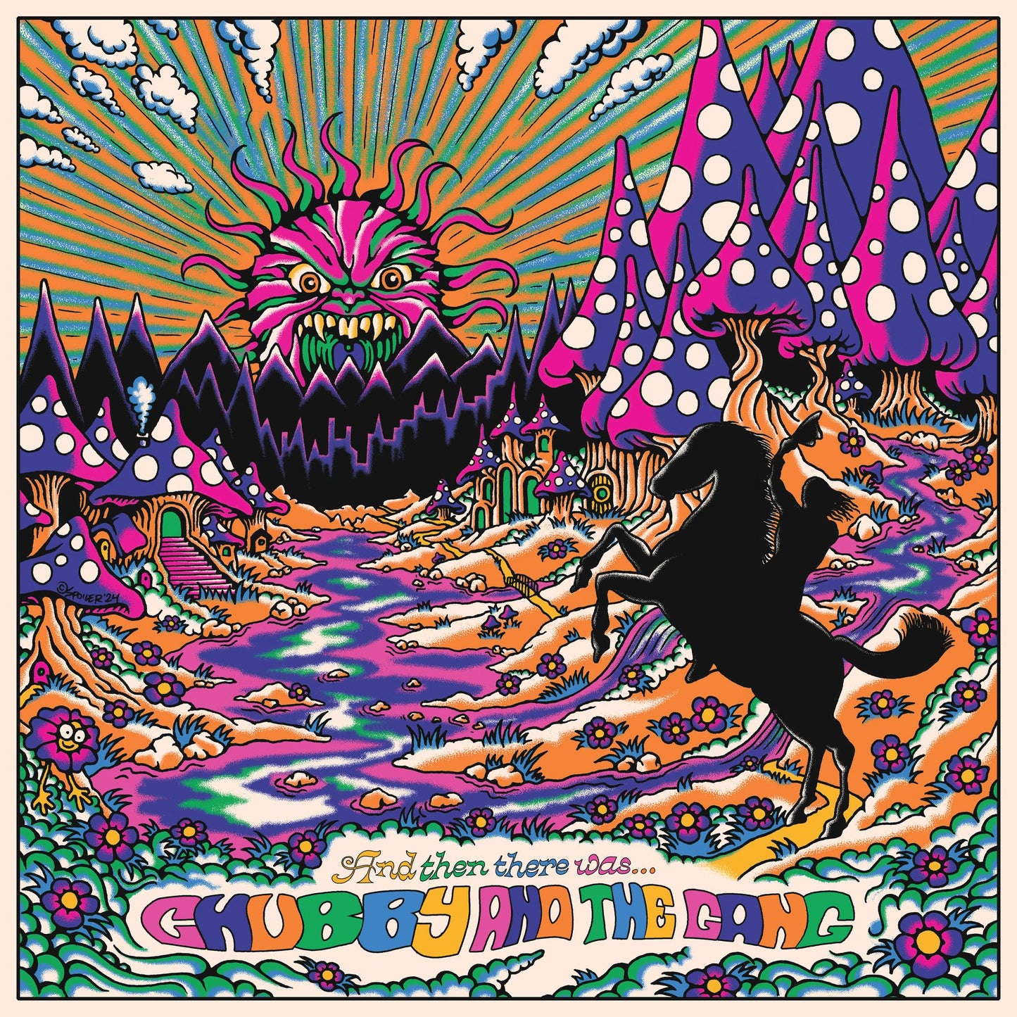 Psychedelic album cover with a black horse, mountains, and a sun-like face.