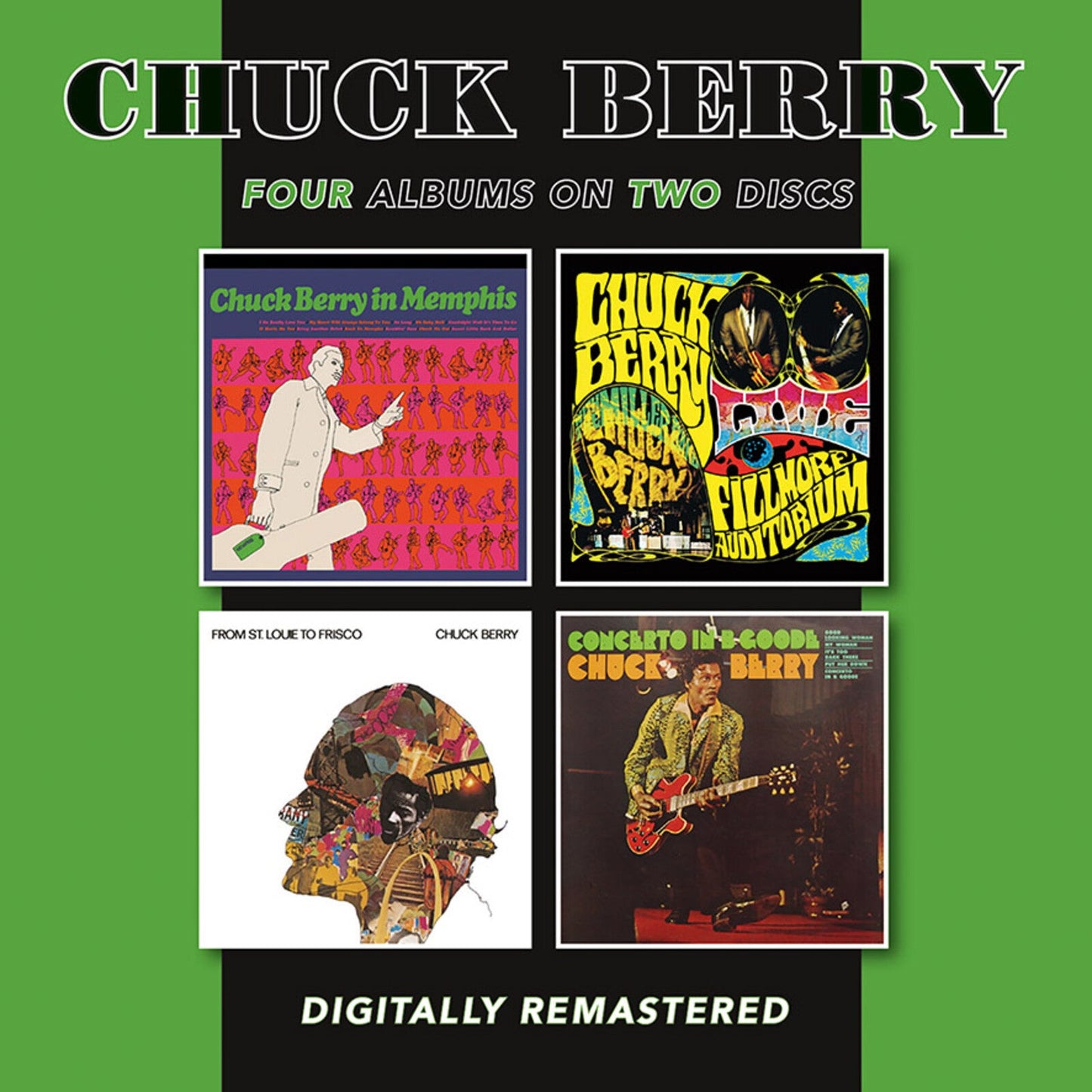 CD cover featuring Chuck Berry with four album covers in a green frame.