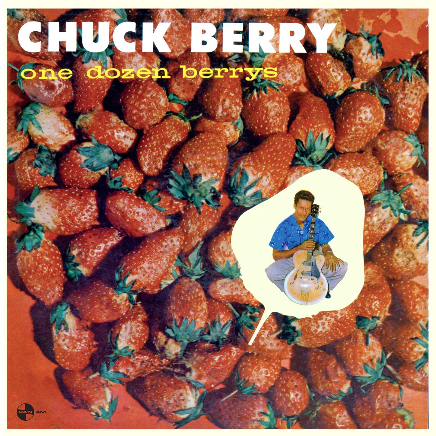 Album cover featuring Chuck Berry with a guitar over a background of many strawberries.