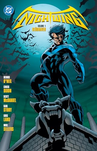 Nightwing stands on a gargoyle against a full moon with bats flying in background.