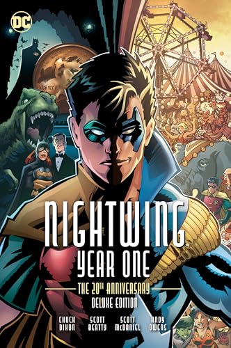 Nightwing in costume, split face, with Batman and carnival background.