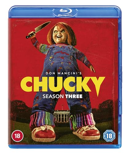 Chucky doll with a knife, standing in front of the White House.