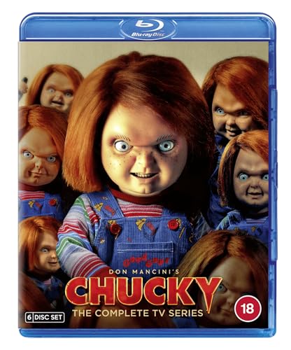 Blu-ray cover featuring multiple Chucky dolls with red hair and blue overalls.