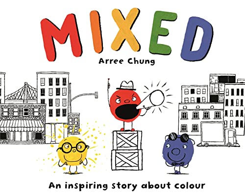 Book cover featuring red, yellow, and blue characters in a black and white city.