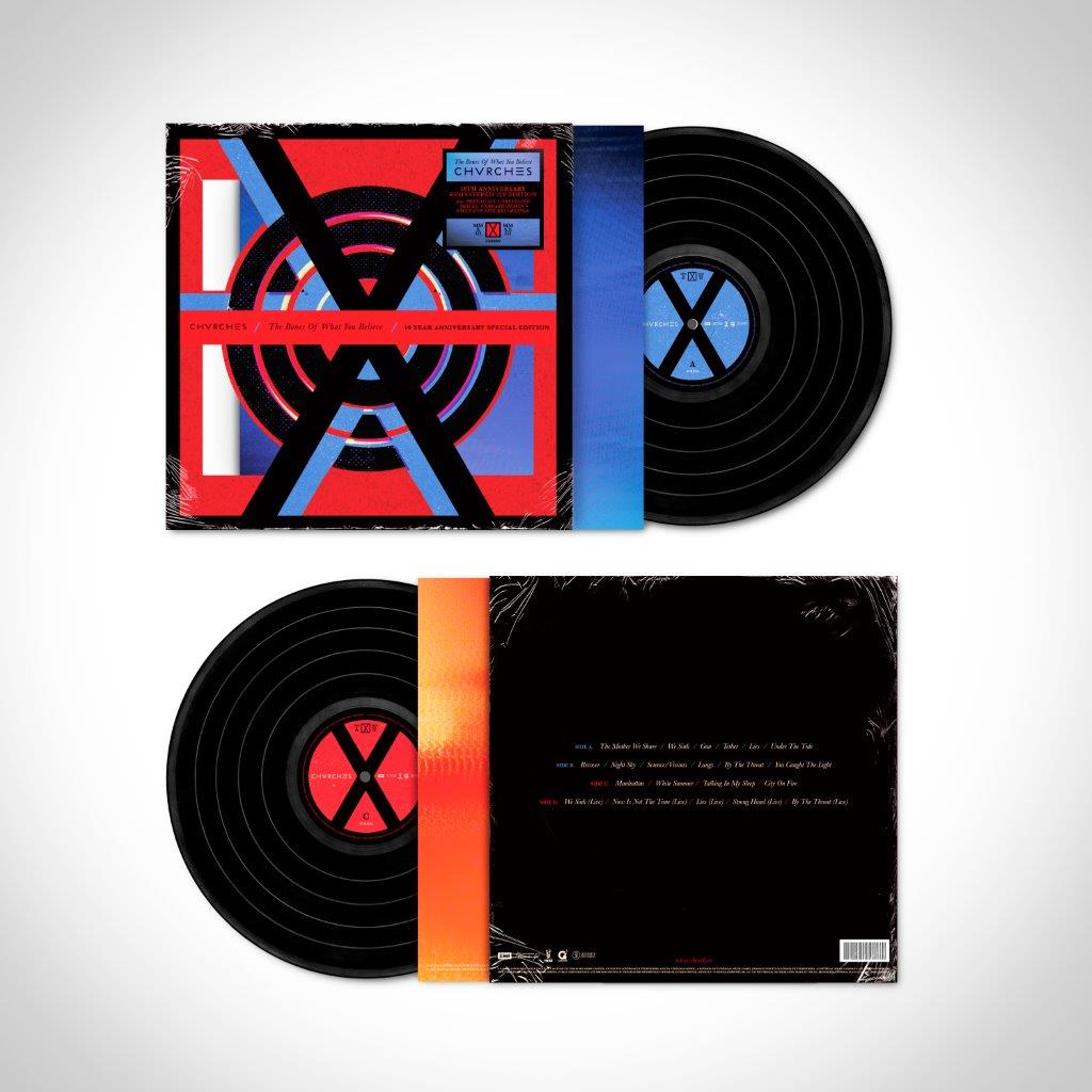 "Vinyl record album 'The Bones Of What You Believe' by Chvrches, front and back."