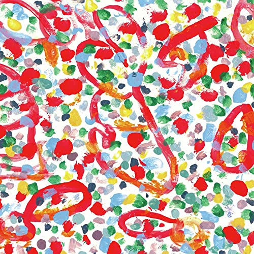 Abstract album cover with red brushstrokes and colorful speckled background.