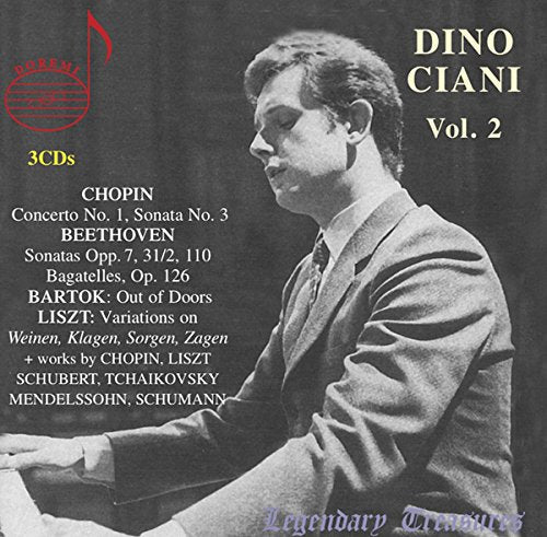 Black-and-white image of man playing piano, with text listing musical compositions and artists.