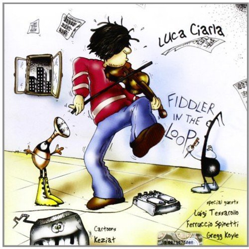 Cartoon album cover featuring a fiddler with musical instruments and notes.