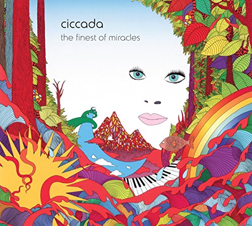 CD cover with a face emerging from colorful, patterned nature scenes.