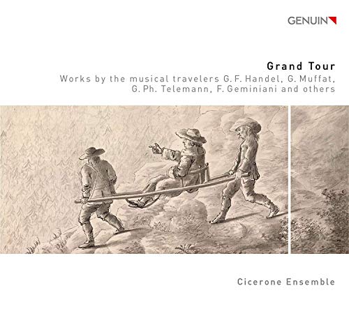 "CD cover featuring an illustration of three men carrying a sedan chair."