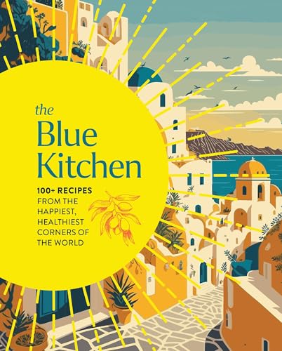 Cookbook cover with illustration of a coastal Greek village and yellow sun.