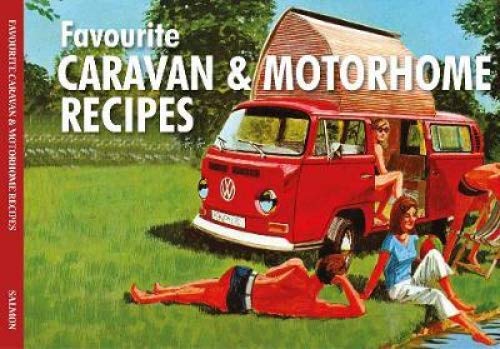 Red vintage campervan with people relaxing outdoors, cookbook cover.
