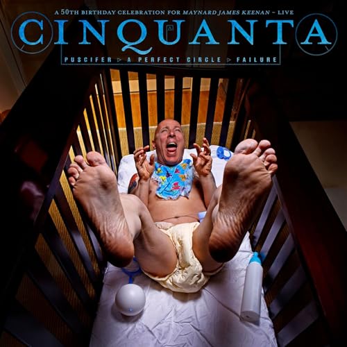 CD cover: bald man in a diaper in a baby crib.