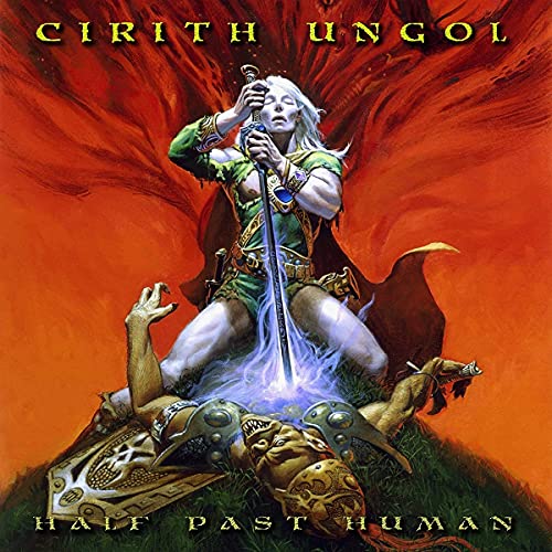 Fantasy album cover: warrior with sword, fallen figure, red and gold tones.
