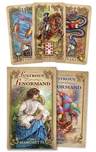 Lenormand card deck with illustrated cards featuring fish, a rider, and a snake.