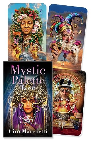 Mystic Palette Tarot kit featuring a guidebook and three illustrated tarot cards.