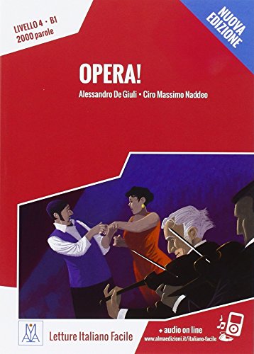 Italian language learning book "Opera!" with illustration of performers.