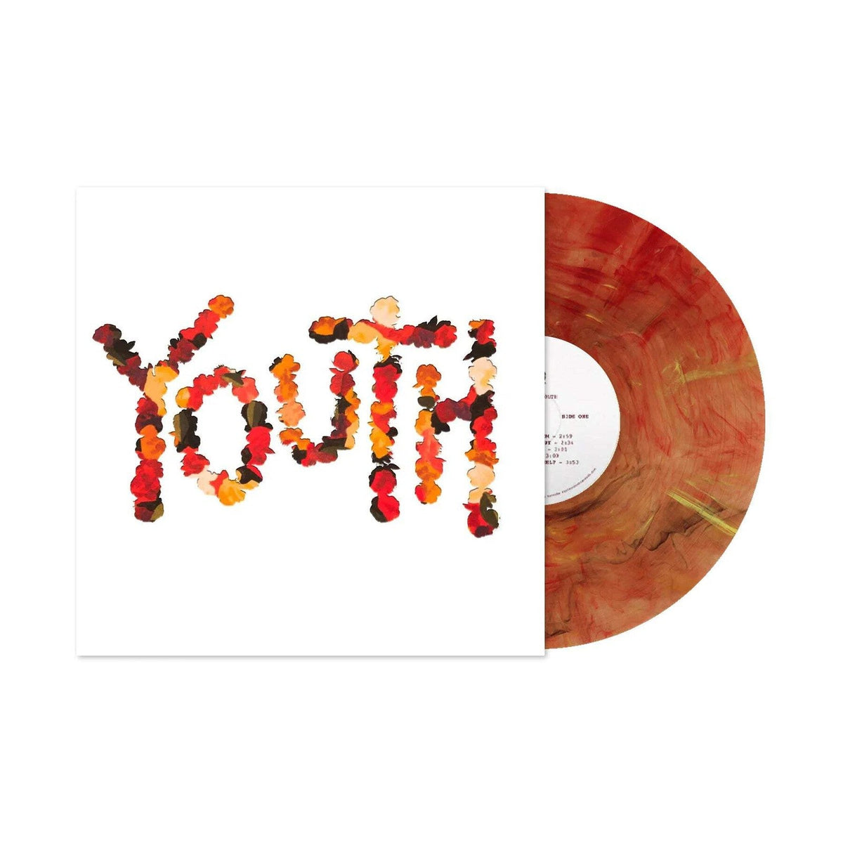 Vinyl record cover with the word "YOUTH" formed from colorful flowers.