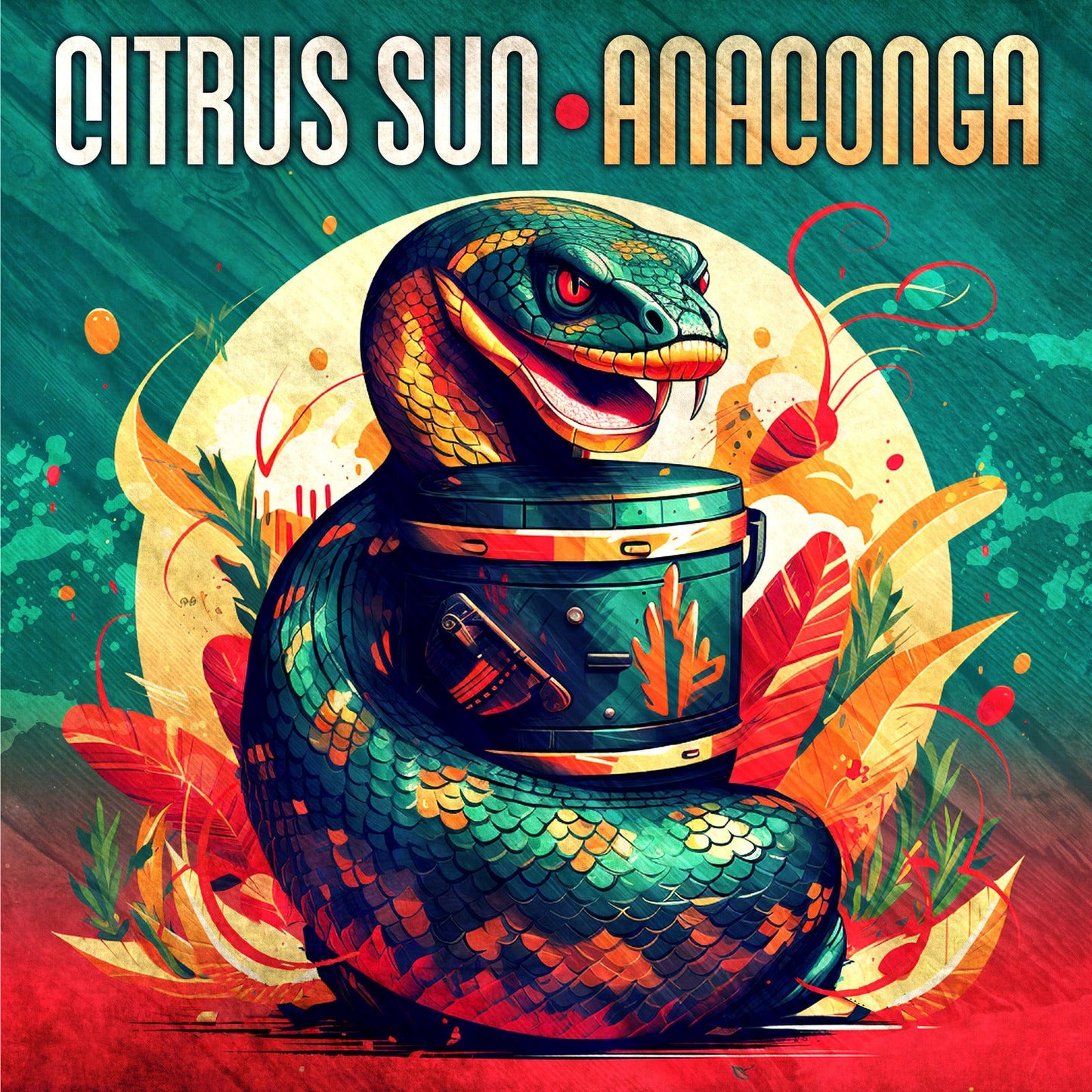 Vinyl record cover featuring a brightly colored anaconda coiled around a cassette player.