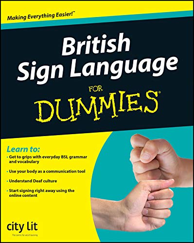 Book cover: "British Sign Language For Dummies" with hands signing.