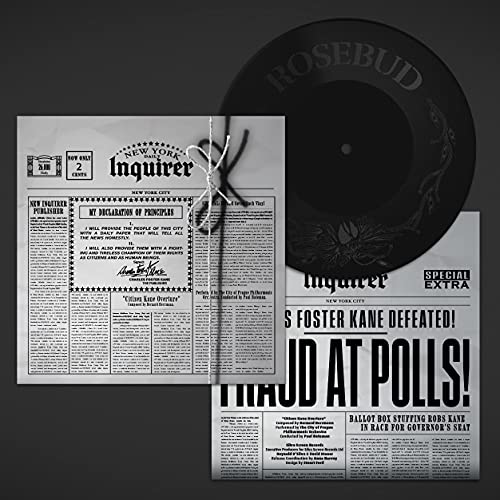 7-inch vinyl record with “Citizen Kane” newspaper packaging, black and white.