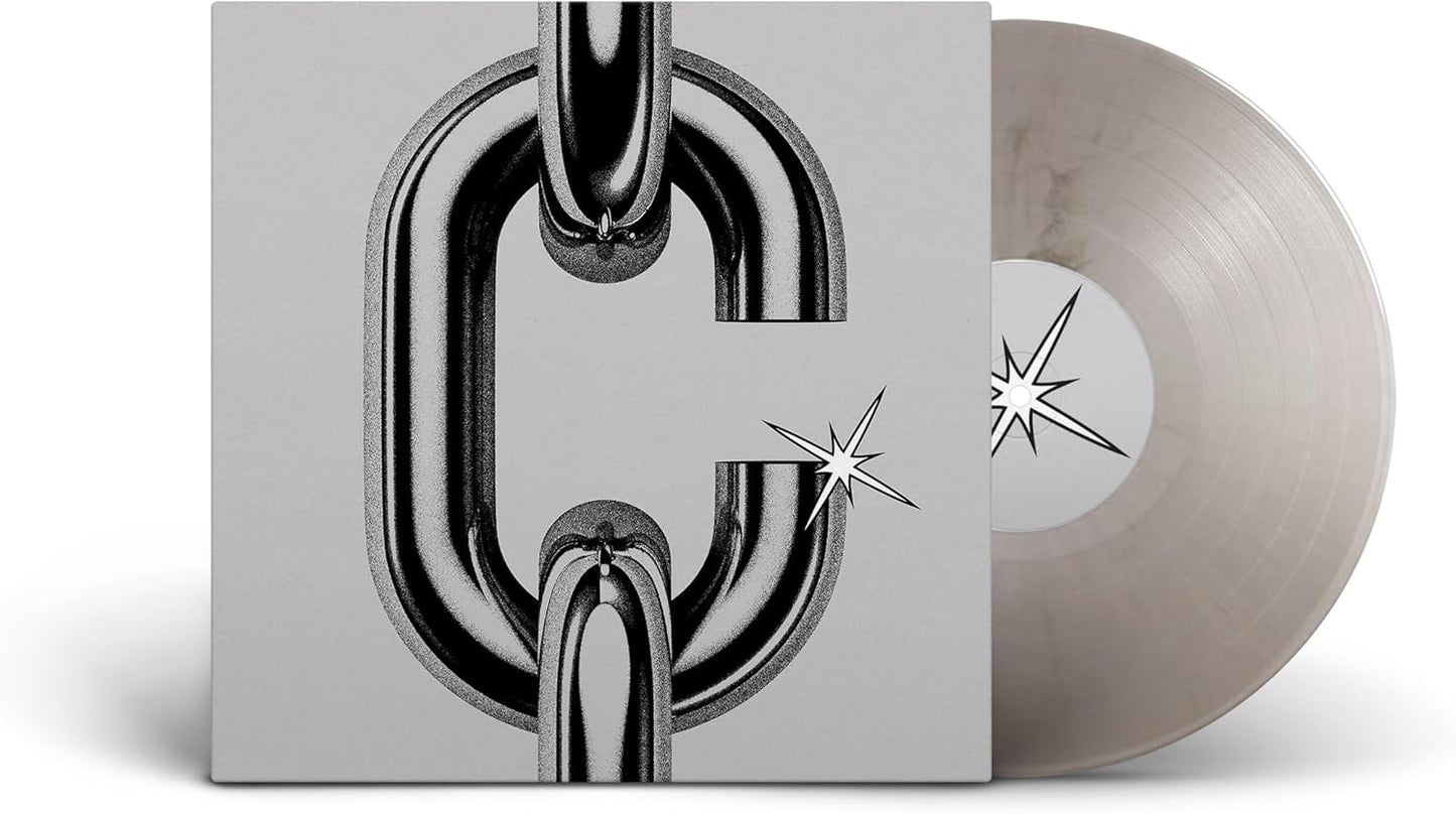 Vinyl record with album cover featuring a breaking chrome chain link.
