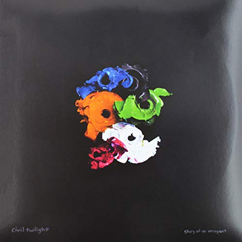 Vinyl album cover with abstract, colorful paint swirls on a dark background.