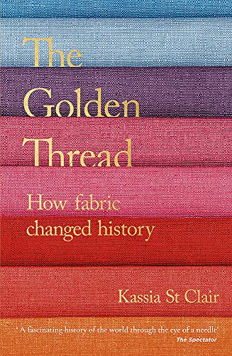 Book cover with horizontal stripes of colorful fabric texture and gold text.