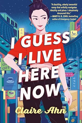 Book cover: woman in red top against a vibrant Korean street scene.