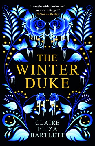 Book cover: “The Winter Duke” with blue floral and icicle design.