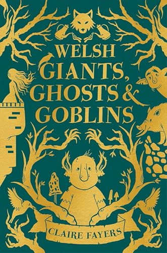 Teal book cover with yellow illustrations of Welsh mythological creatures and a child's face.