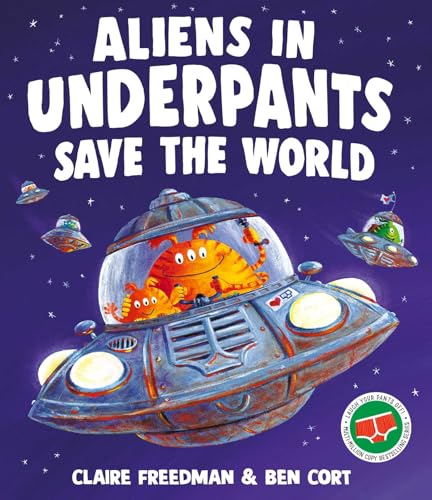 Book cover featuring orange aliens in a spaceship against a starry purple night sky.