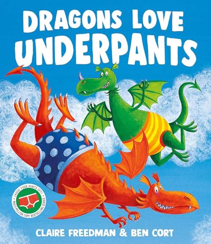 Two colorful dragons wearing patterned underwear fly against a blue sky with clouds.