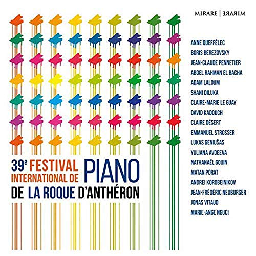 A CD cover featuring multicolored piano silhouettes and a list of performers' names.