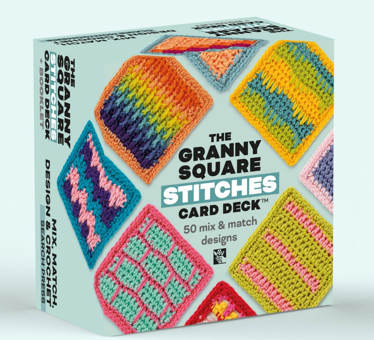 Card deck featuring colorful, crocheted granny squares with stitch patterns.