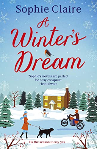 Book cover: snowy winter scene with cottage, woman, dog, and motorcycle.